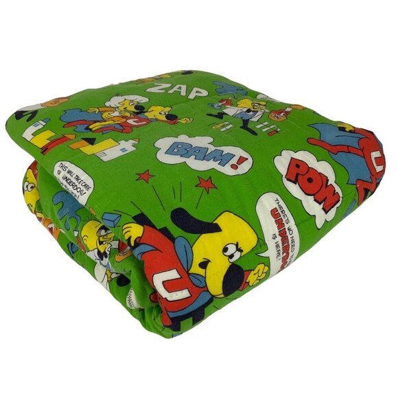 Vintage 1970s Underdog Cartoon Sleeping Bag Full Zip 63x31 Green Fun Design - Picture 1 of 10